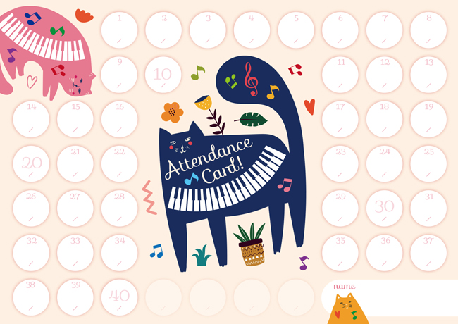 出席カード　ねこピアノ【発注単位：１０枚】
